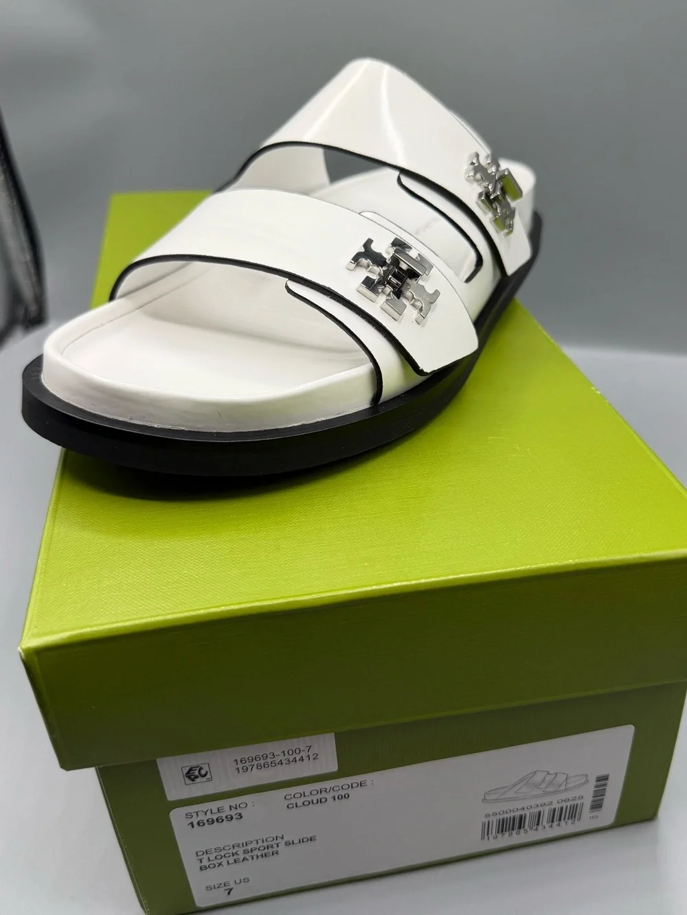 Tory Burch White Double-Strap Slide Sandals with Silver Logos
